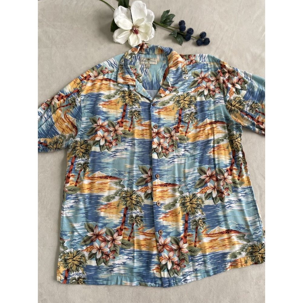 Island Shores XL Hawaiian Bahama Shirt Tropical Palm Trees & Flowers Button-Up